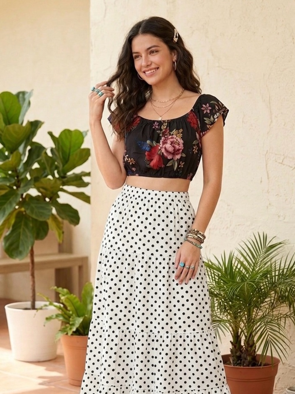 Off-Shoulder Floral Crop Top in Black with Pink Blossoms
